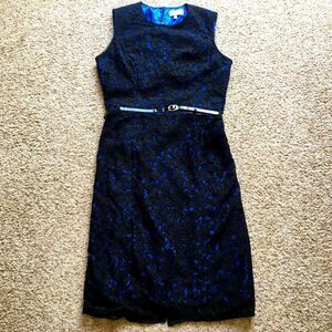 Milly Black Blue Floral Lace Belted Sheath Dress